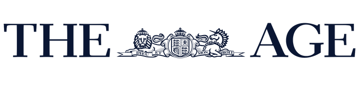 Logo of 'The Age' newspaper with a coat of arms in the center.